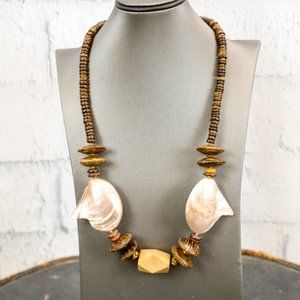 Vintage 80s Wood & Shell Karla Jordan Necklace